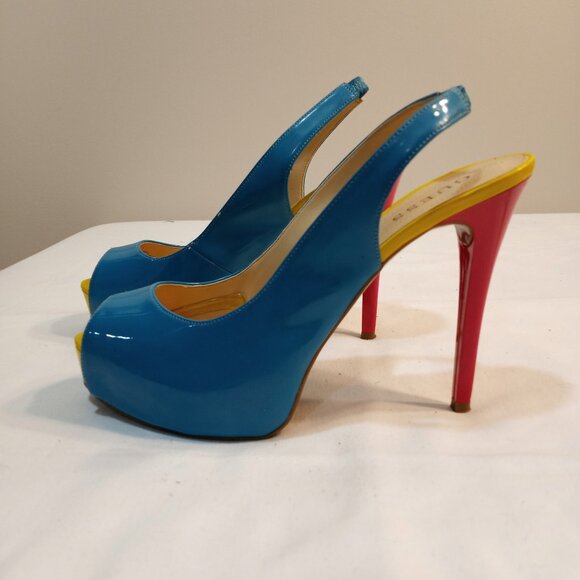 GUESS PRIMARY COLOURS PATENT LEATHER HIGH HEEL SLING BACK PUMP WOMEN SIZE 10 - Picture 1 of 7